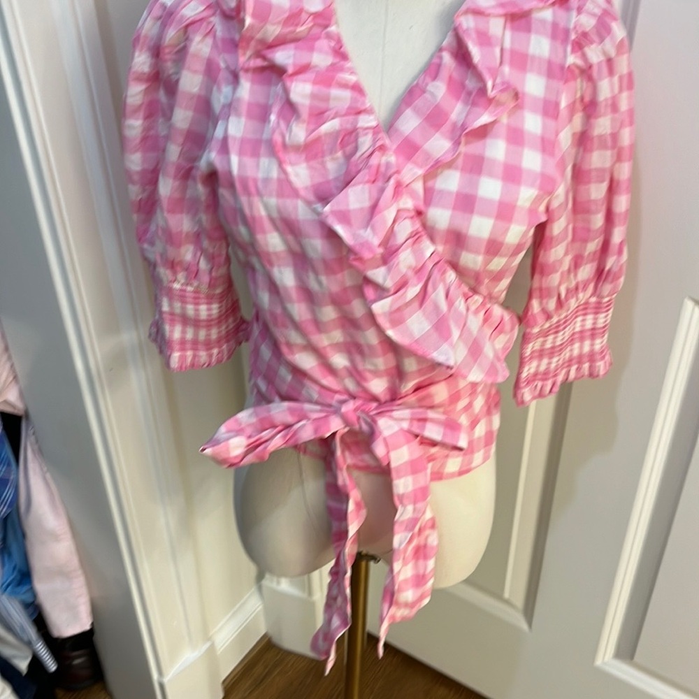 J. Crew Pink and White Ruffled Blouse